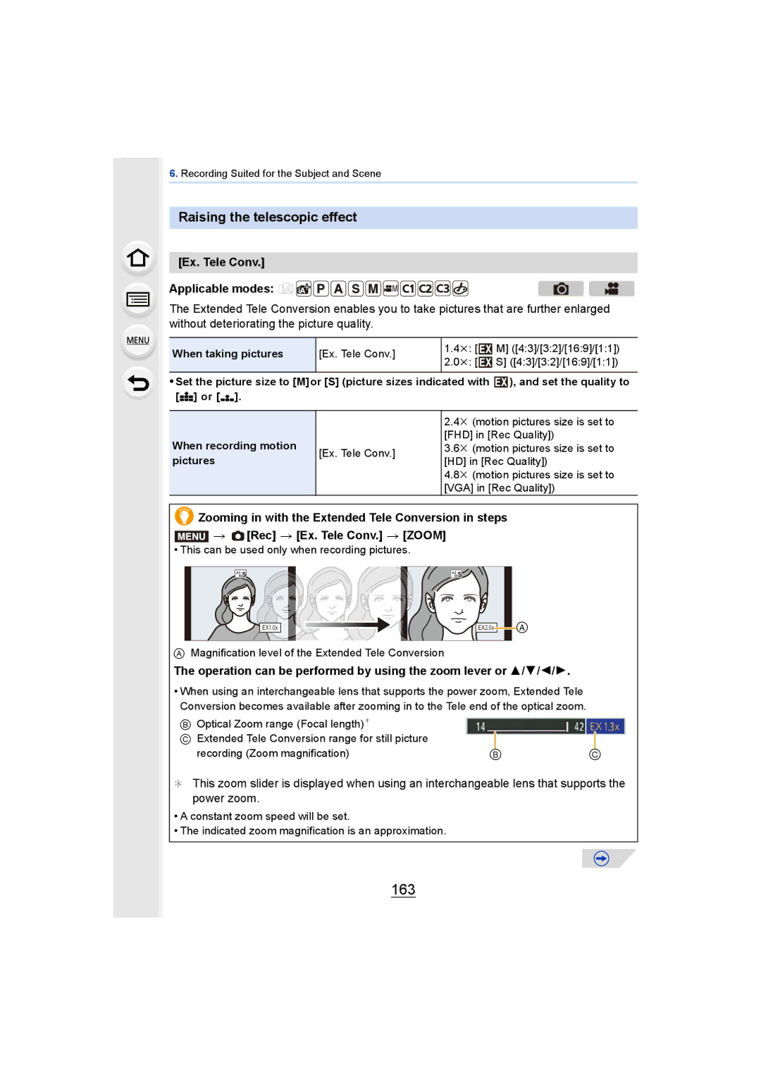 Panasonic DMCGH4YAGH, DMCGH4KBODY owner manual 163, Raising the telescopic effect, Ex. Tele Conv Applicable modes 