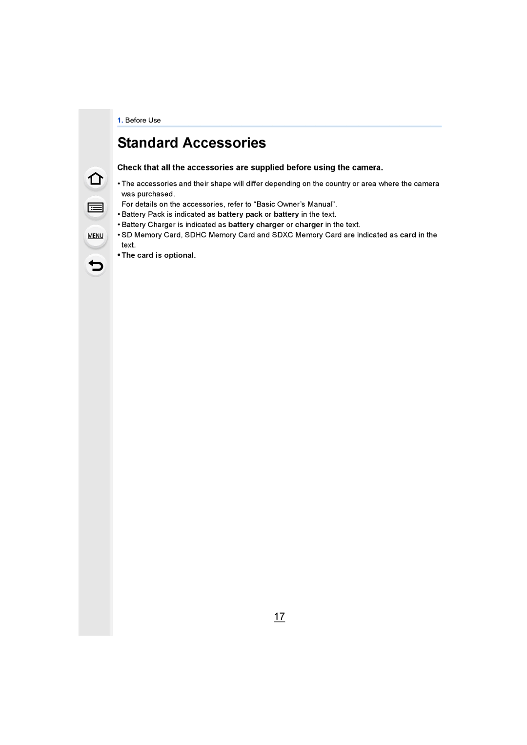 Panasonic DMCGH4YAGH, DMCGH4KBODY owner manual Standard Accessories, Card is optional 