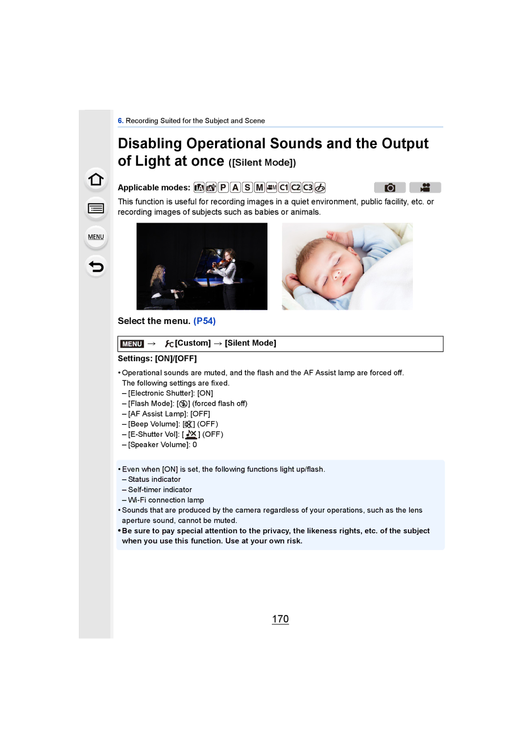 Panasonic DMCGH4KBODY, DMCGH4YAGH owner manual 170, Custom Silent Mode Settings ON/OFF 