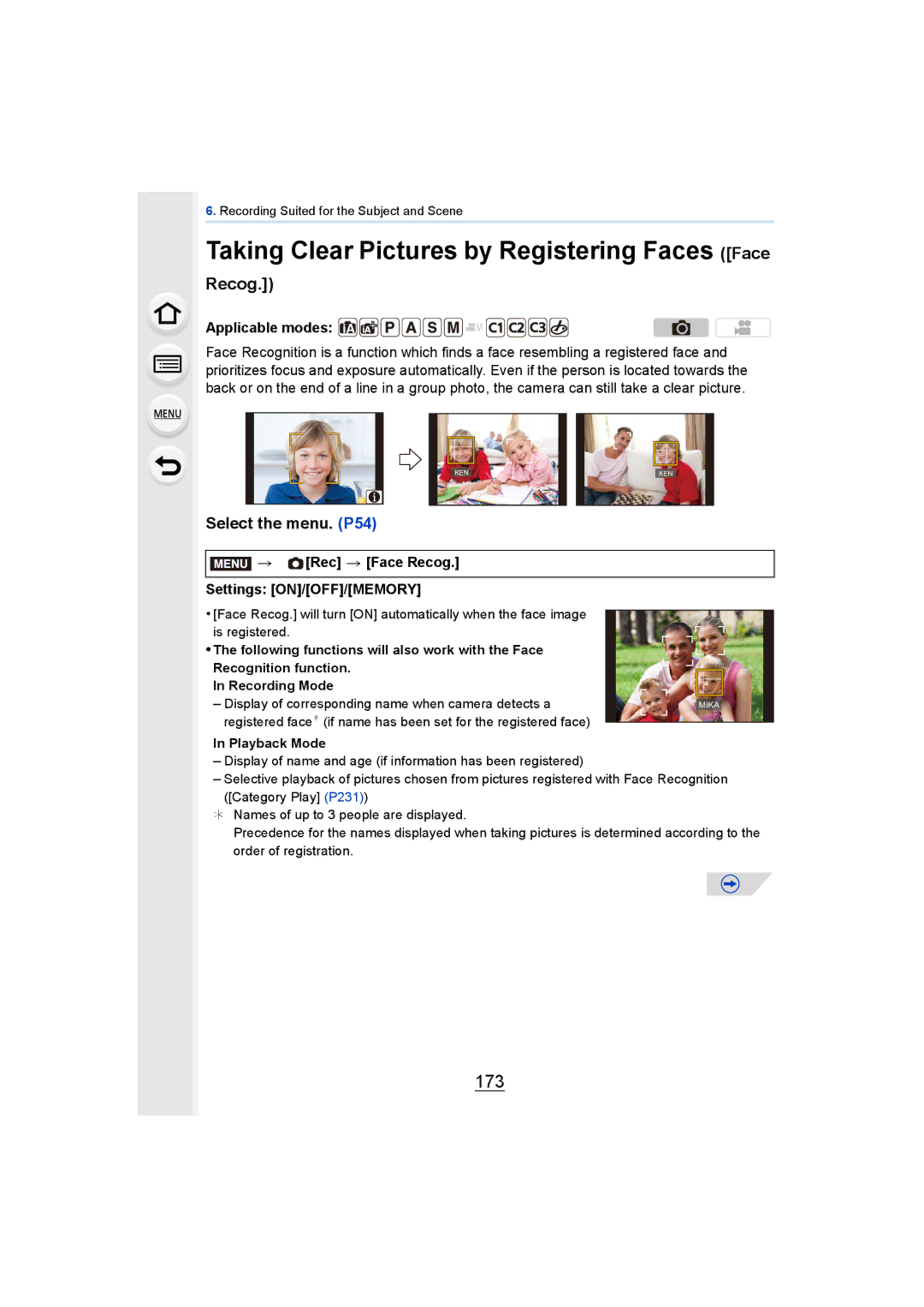 Panasonic DMCGH4YAGH, DMCGH4KBODY owner manual 173, Rec Face Recog Settings ON/OFF/MEMORY, Playback Mode 