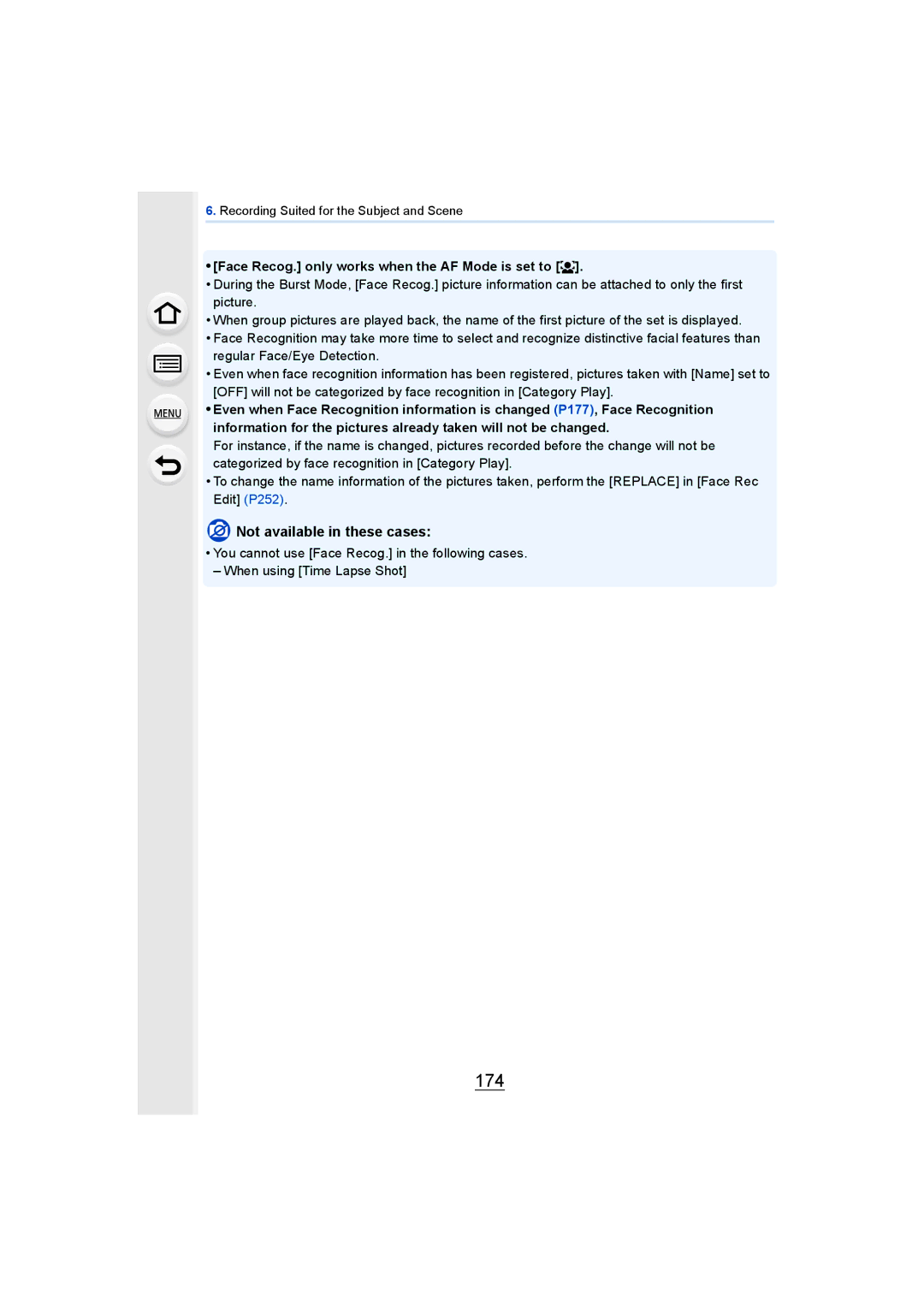 Panasonic DMCGH4KBODY, DMCGH4YAGH owner manual 174, Face Recog. only works when the AF Mode is set to š 