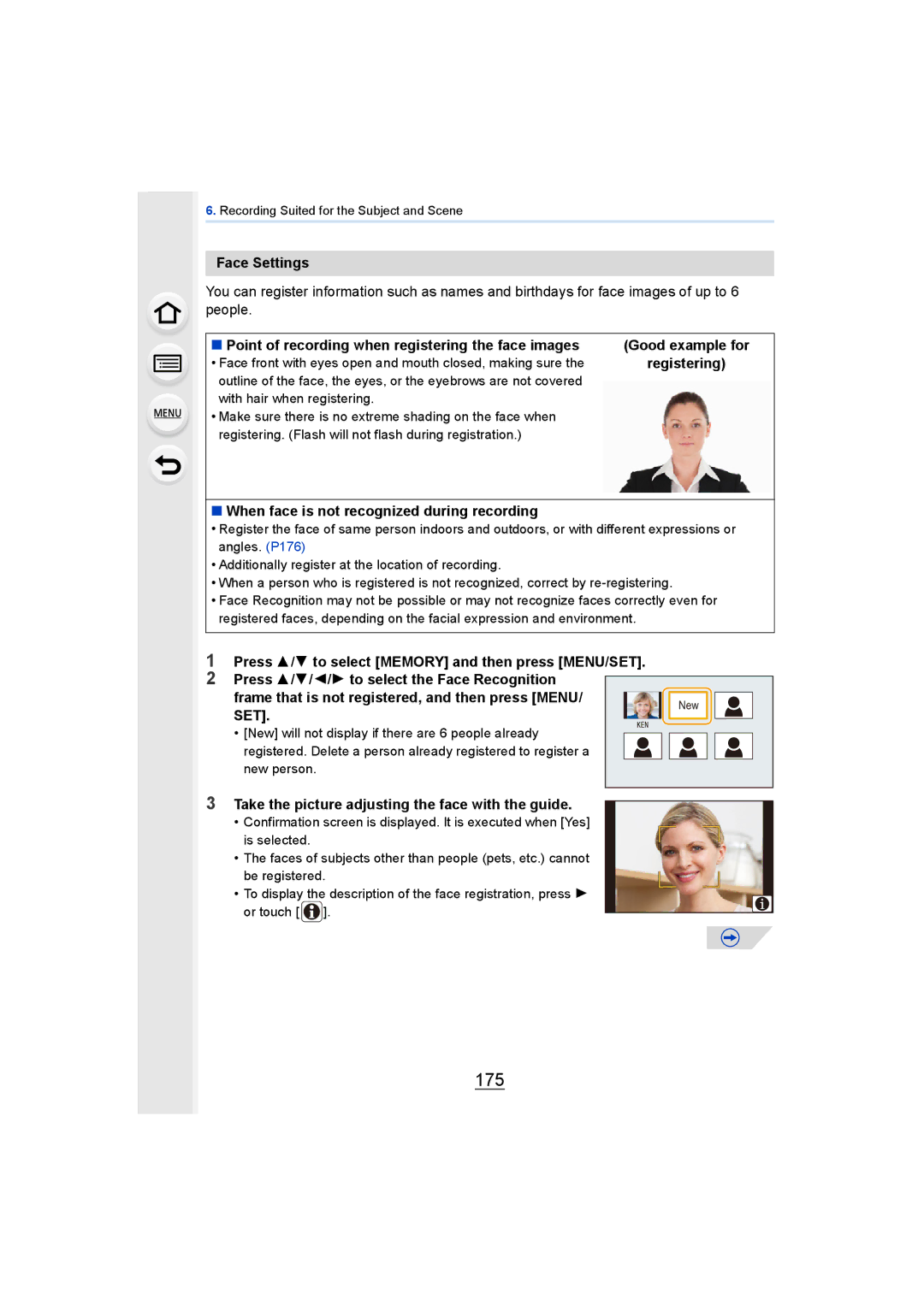 Panasonic DMCGH4YAGH, DMCGH4KBODY owner manual 175, Face Settings, Point of recording when registering the face images 