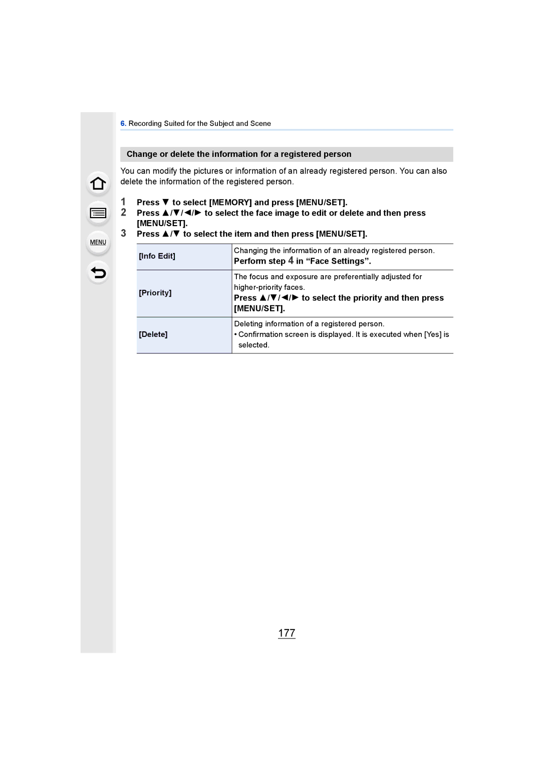 Panasonic DMCGH4YAGH, DMCGH4KBODY 177, Change or delete the information for a registered person, Perform in Face Settings 