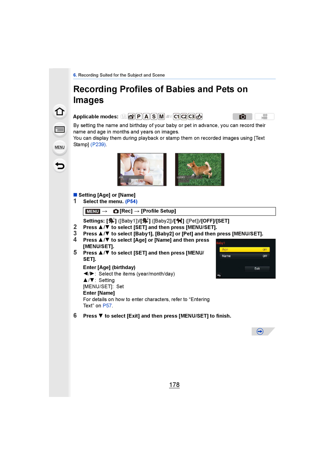 Panasonic DMCGH4KBODY, DMCGH4YAGH Recording Profiles of Babies and Pets on Images, 178, Enter Age birthday, Enter Name 