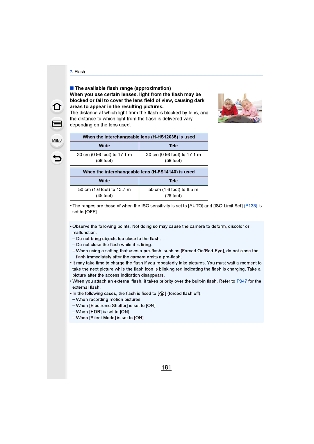 Panasonic DMCGH4YAGH, DMCGH4KBODY owner manual 181, When the interchangeable lens H-HS12035 is used Wide Tele 