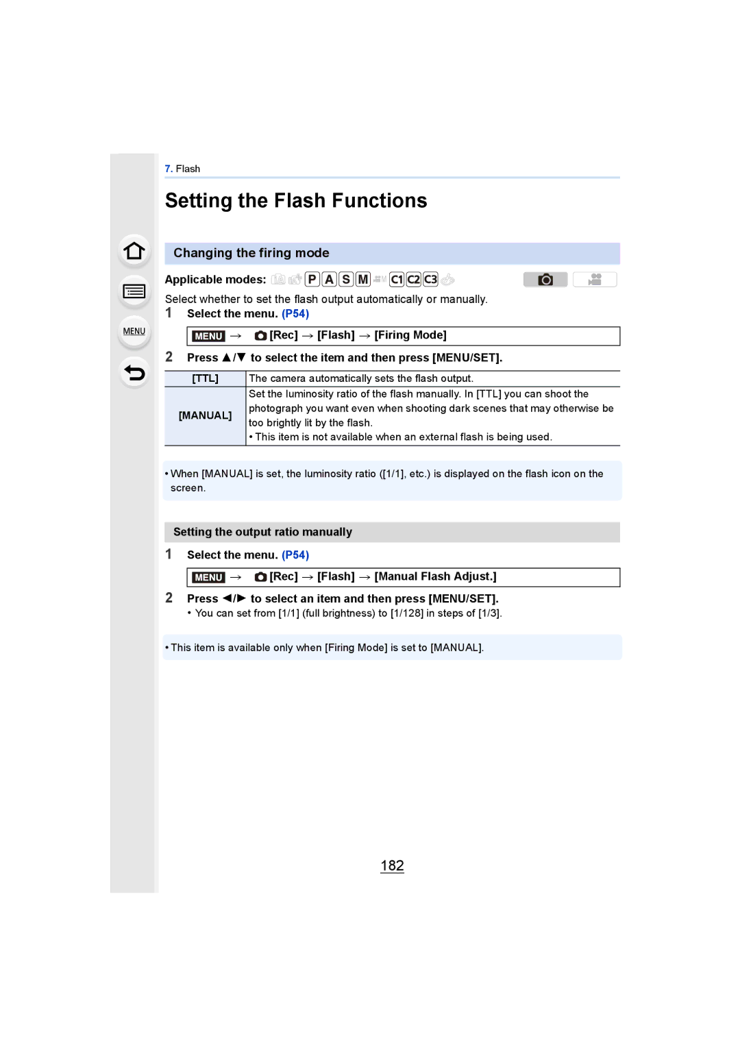 Panasonic DMCGH4KBODY, DMCGH4YAGH owner manual Setting the Flash Functions, 182, Changing the firing mode, Ttl, Manual 