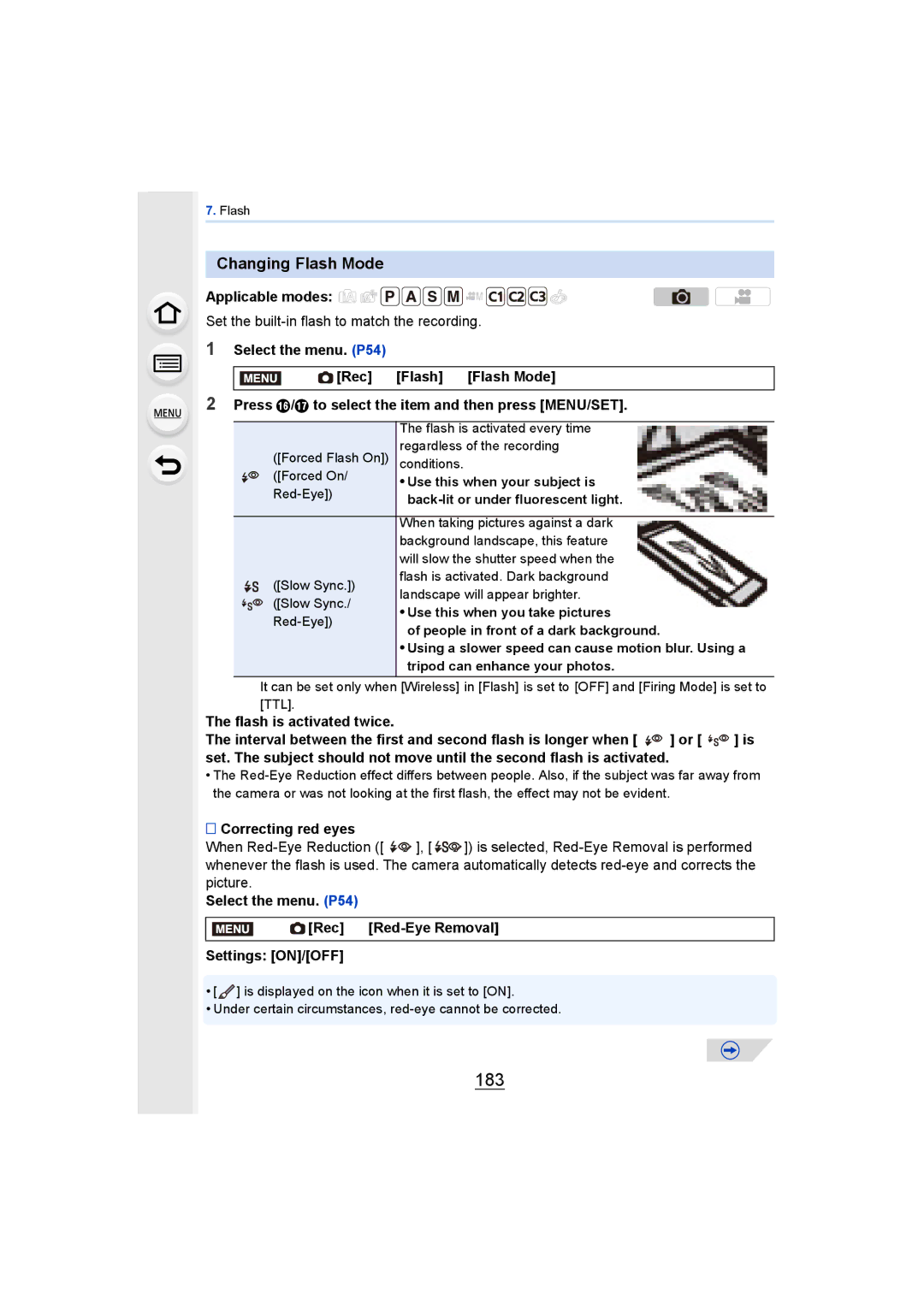 Panasonic DMCGH4YAGH, DMCGH4KBODY owner manual 183, Changing Flash Mode, Flash is activated twice, Correcting red eyes 