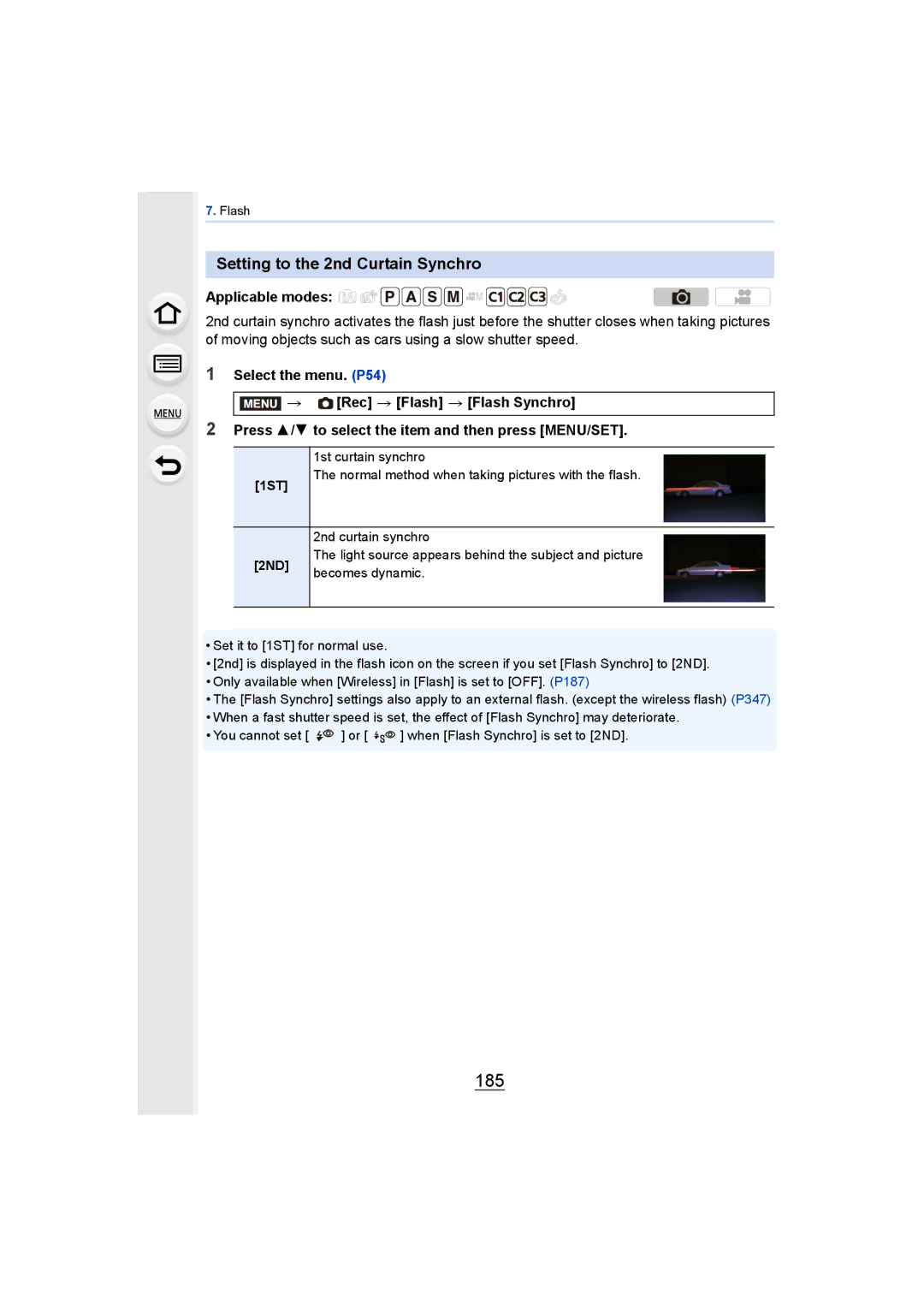 Panasonic DMCGH4YAGH, DMCGH4KBODY owner manual 185, Setting to the 2nd Curtain Synchro, 1ST, 2ND 