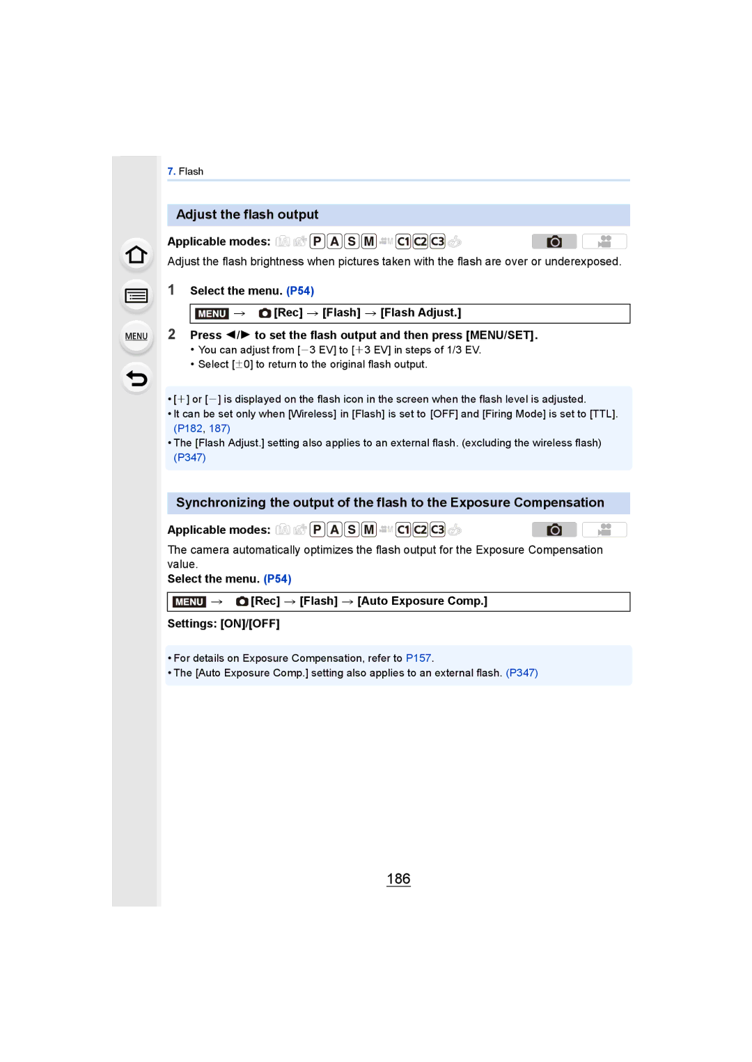 Panasonic DMCGH4KBODY, DMCGH4YAGH owner manual 186, Adjust the flash output 