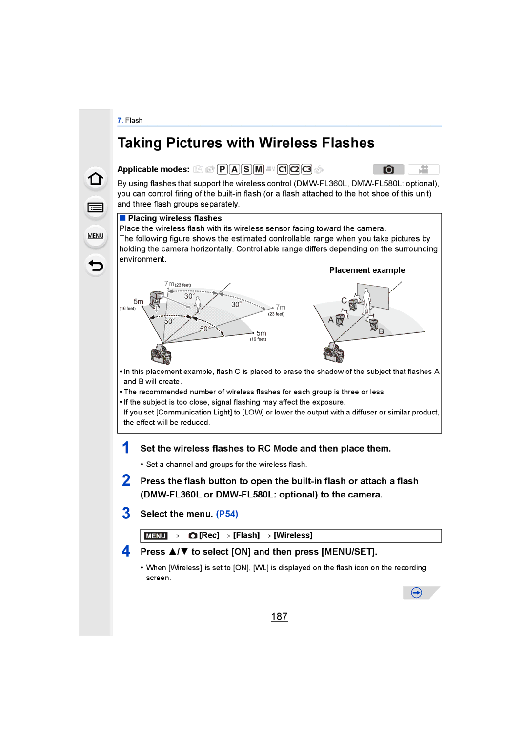 Panasonic DMCGH4YAGH Taking Pictures with Wireless Flashes, 187, Set the wireless flashes to RC Mode and then place them 