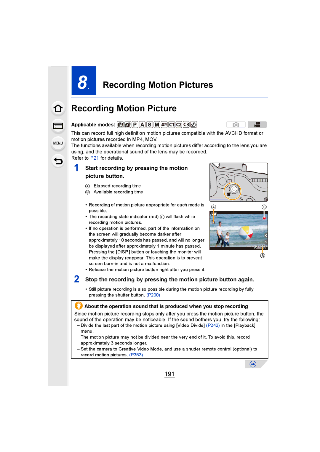 Panasonic DMCGH4YAGH, DMCGH4KBODY owner manual Recording Motion Pictures, 191 