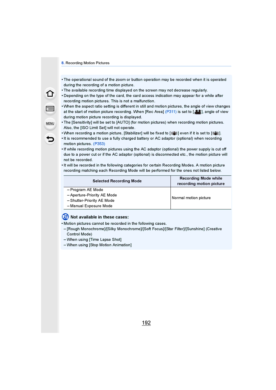 Panasonic DMCGH4KBODY, DMCGH4YAGH owner manual 192, Selected Recording Mode Recording Mode while 