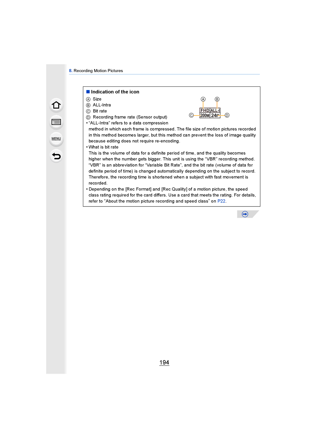 Panasonic DMCGH4KBODY, DMCGH4YAGH owner manual 194, Indication of the icon 