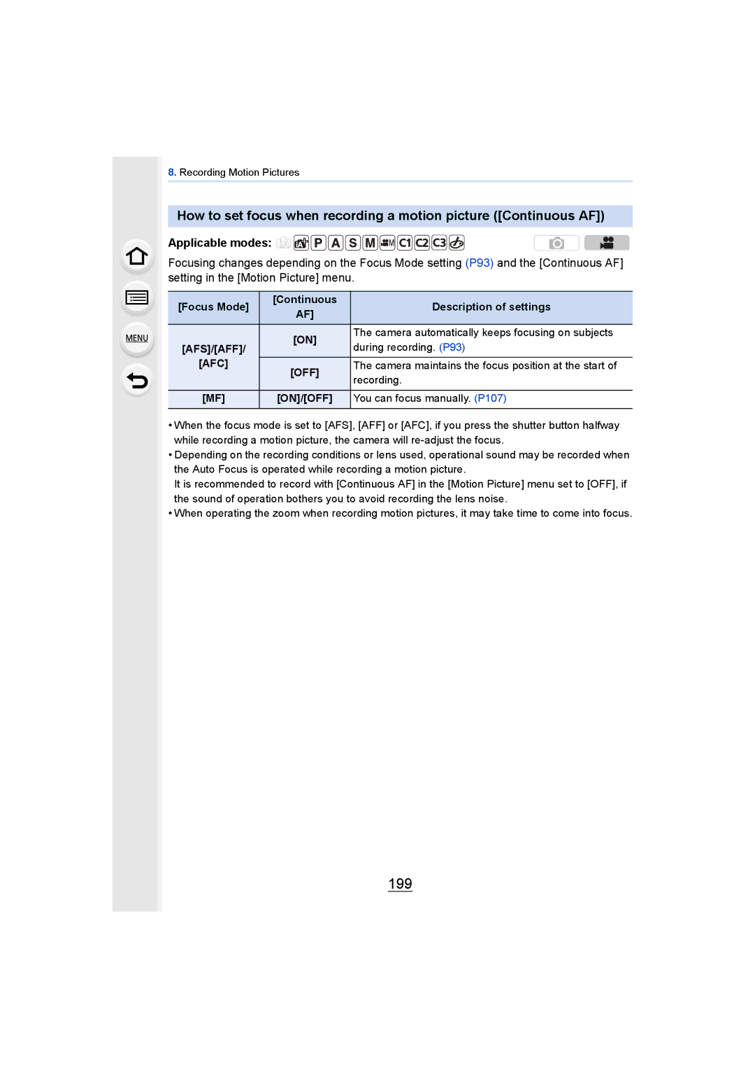 Panasonic DMCGH4YAGH 199, Afc Off, Camera maintains the focus position at the start, ON/OFF You can focus manually. P107 