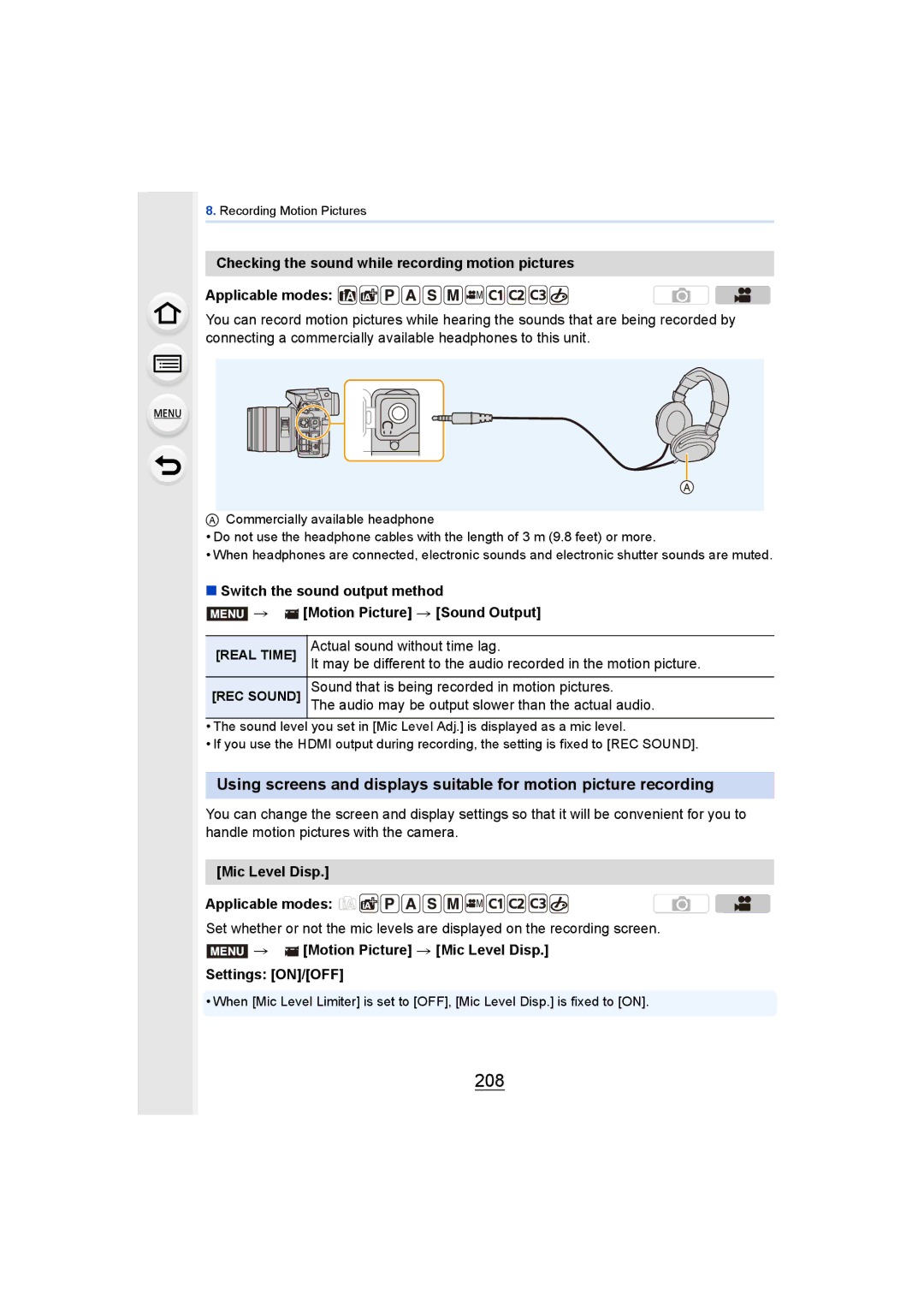 Panasonic DMCGH4KBODY 208, Switch the sound output method Motion Picture Sound Output, Mic Level Disp Applicable modes 