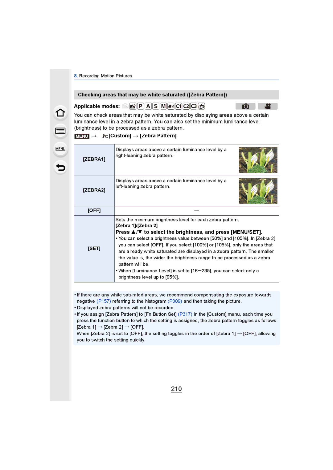 Panasonic DMCGH4KBODY 210, Custom Zebra Pattern, Press 3/4 to select the brightness, and press MENU/SET, ZEBRA1, ZEBRA2 