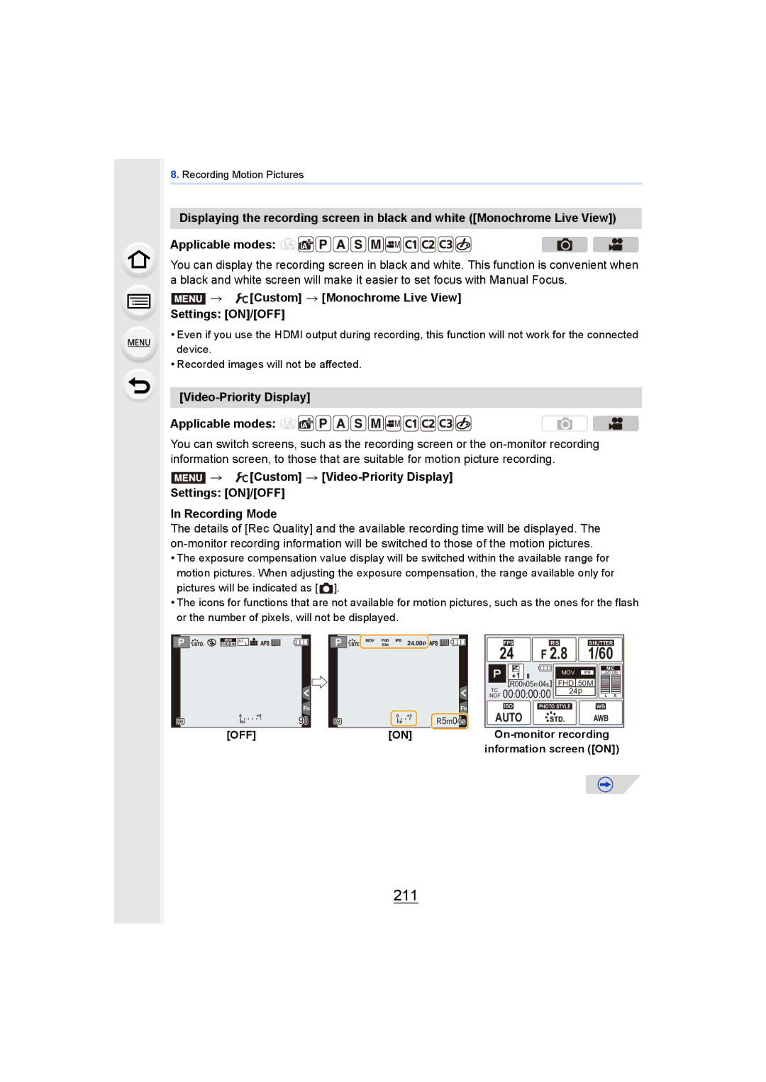 Panasonic DMCGH4YAGH owner manual 211, Custom Monochrome Live View Settings ON/OFF, Video-Priority Display Applicable modes 