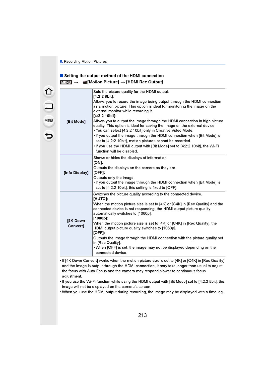 Panasonic DMCGH4YAGH, DMCGH4KBODY owner manual 213, 422 8bit, 422 10bit, Info Display OFF, 1080p 