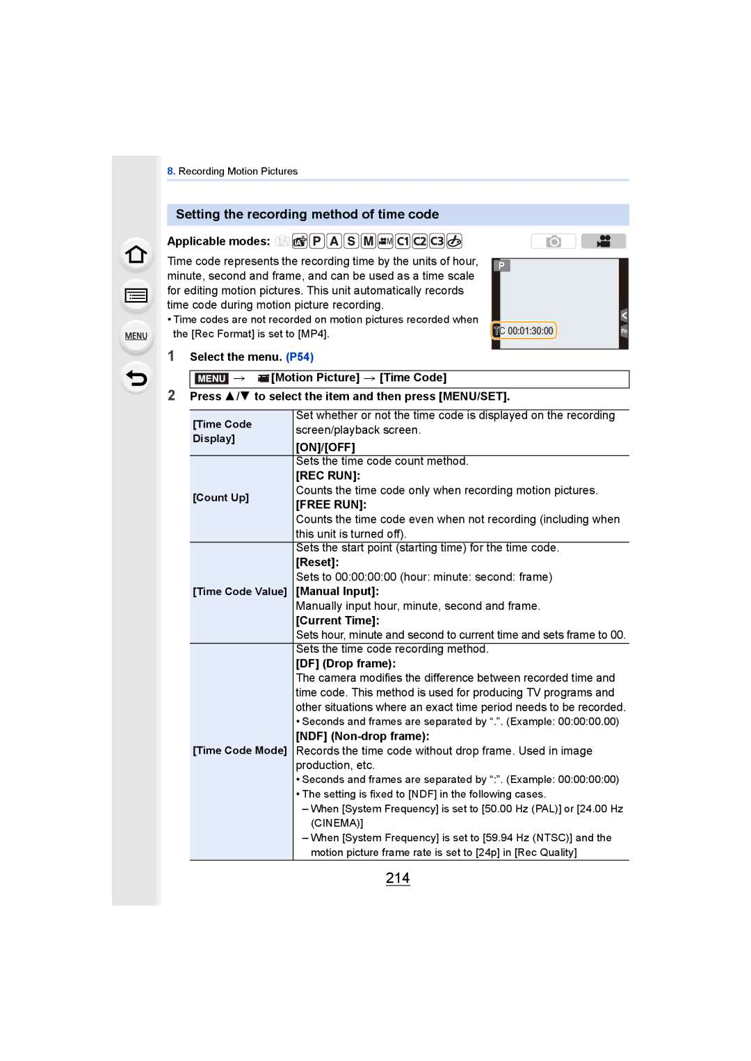 Panasonic DMCGH4KBODY, DMCGH4YAGH owner manual 214, Setting the recording method of time code 