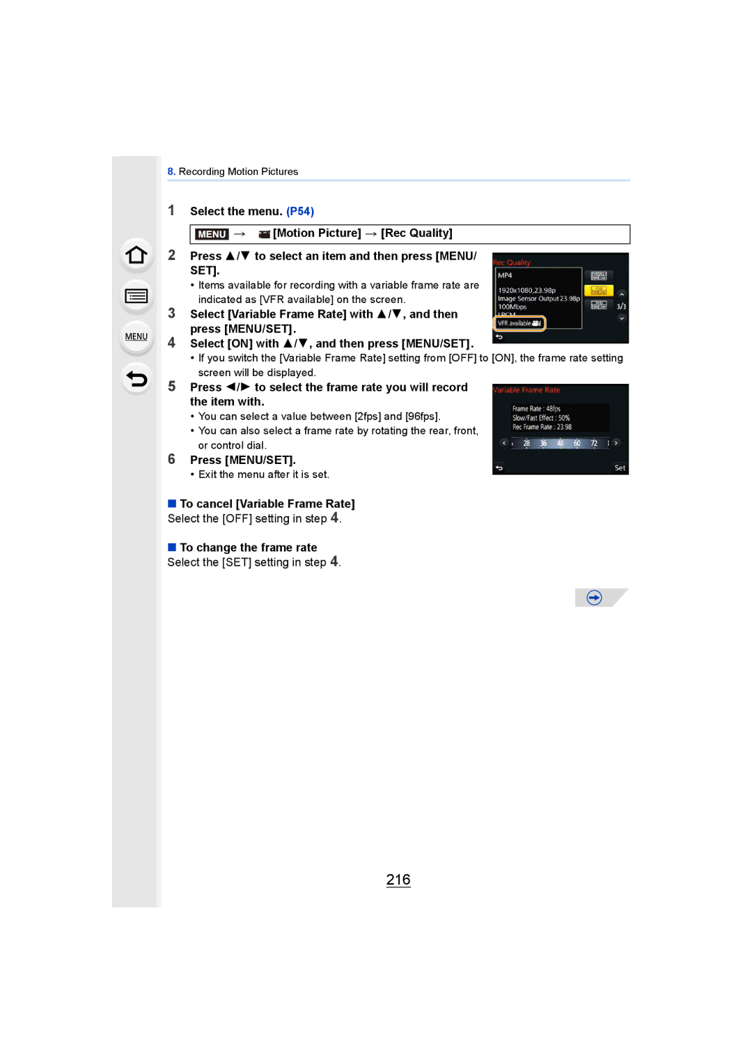 Panasonic DMCGH4KBODY, DMCGH4YAGH owner manual 216, To change the frame rate Select the SET setting in step 