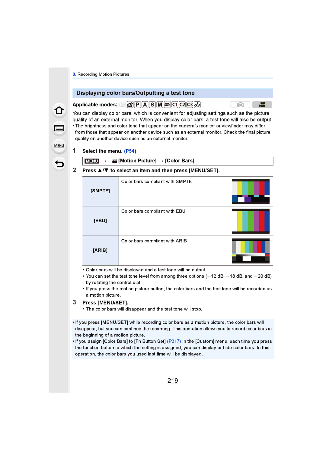 Panasonic DMCGH4YAGH, DMCGH4KBODY owner manual 219, Displaying color bars/Outputting a test tone, Smpte, Ebu, Arib 