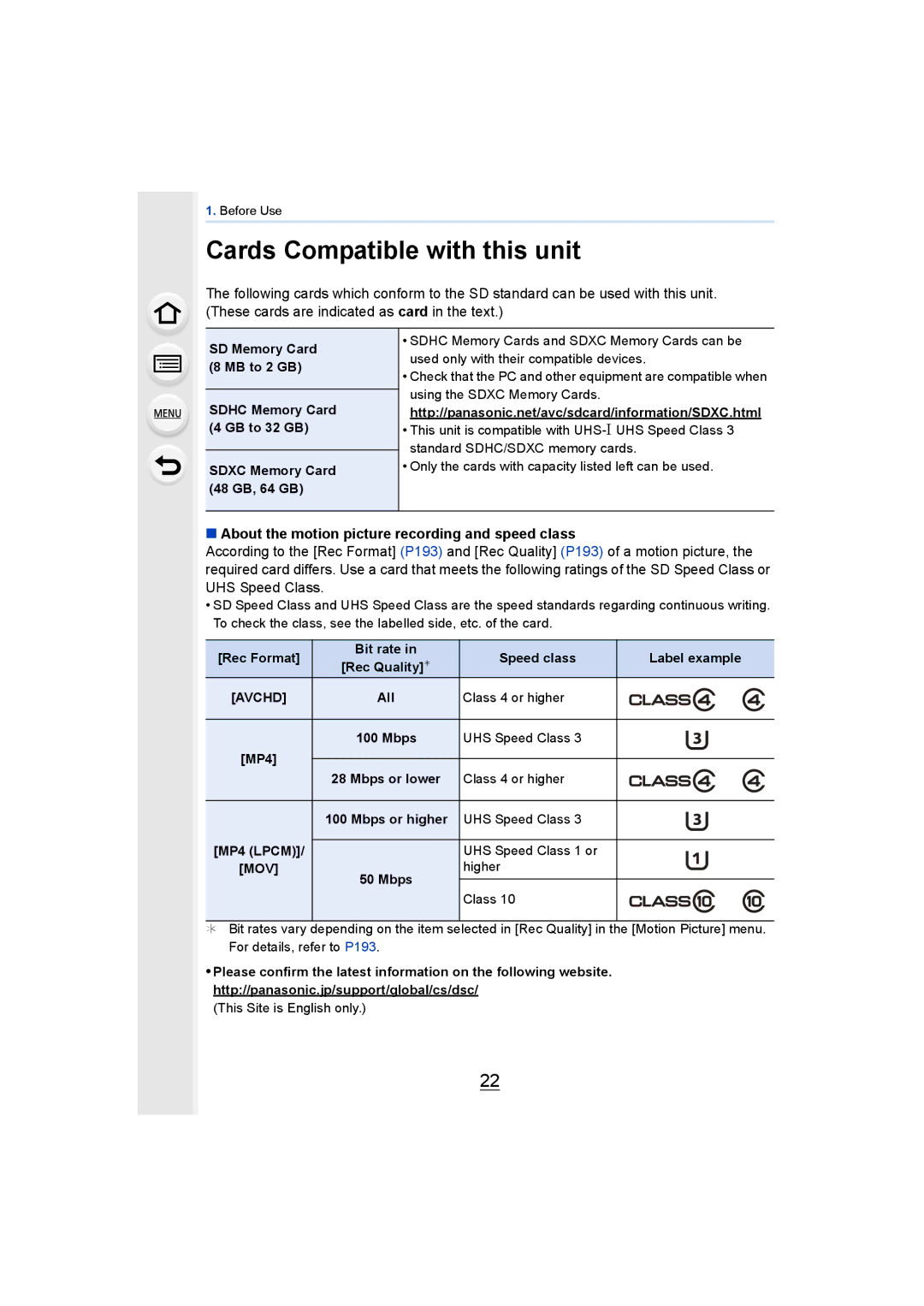 Panasonic DMCGH4KBODY Cards Compatible with this unit, About the motion picture recording and speed class, Avchd, Mov 