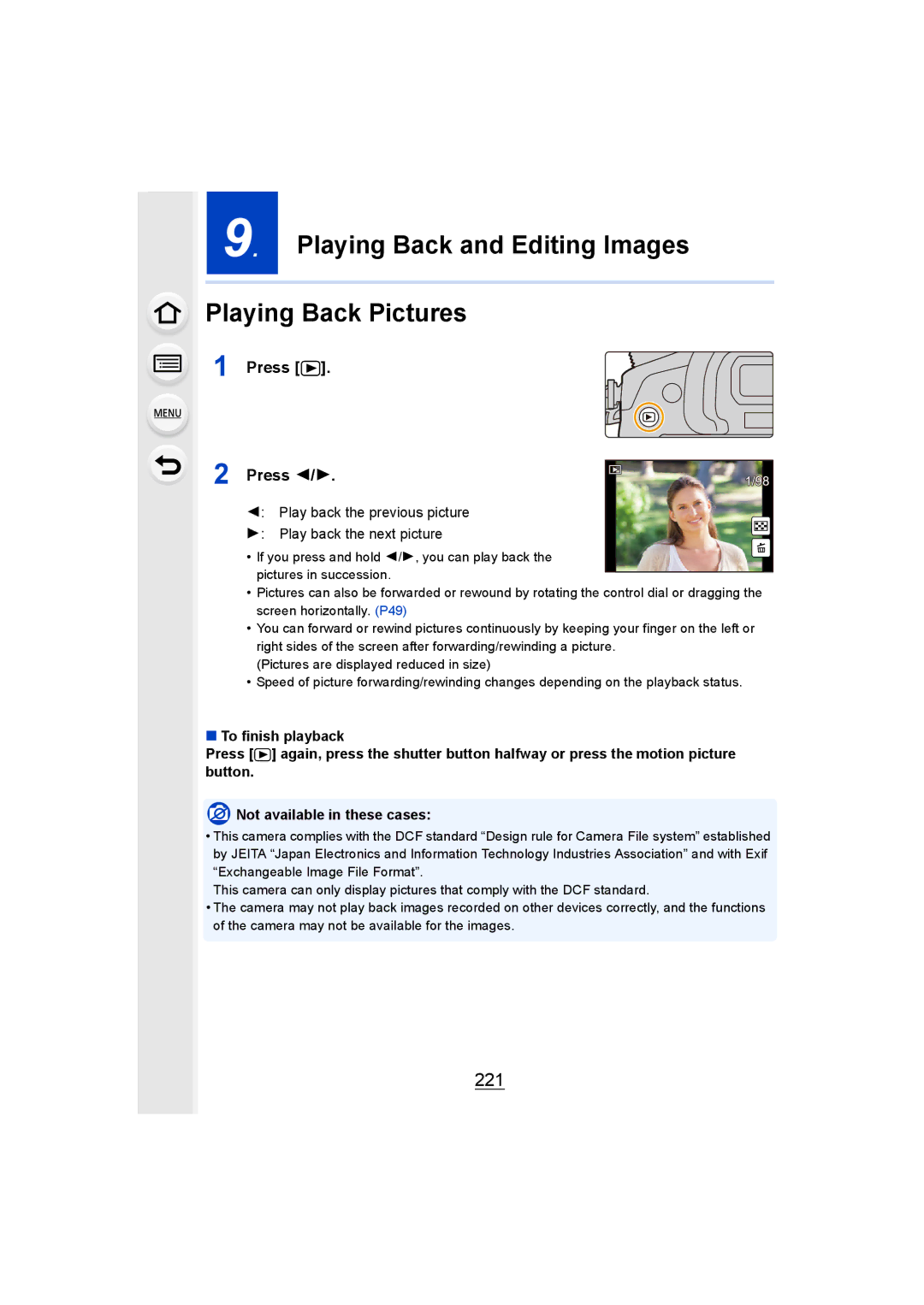 Panasonic DMCGH4YAGH, DMCGH4KBODY owner manual Playing Back and Editing Images Playing Back Pictures, 221, Press Press 2 