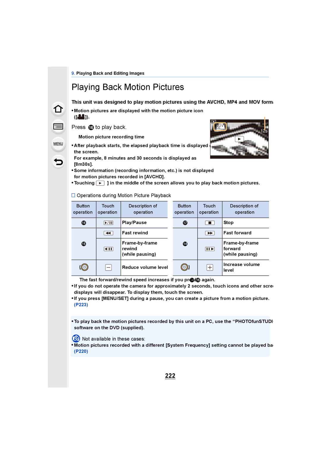 Panasonic DMCGH4KBODY Playing Back Motion Pictures, 222, Press 3 to play back, Operations during Motion Picture Playback 