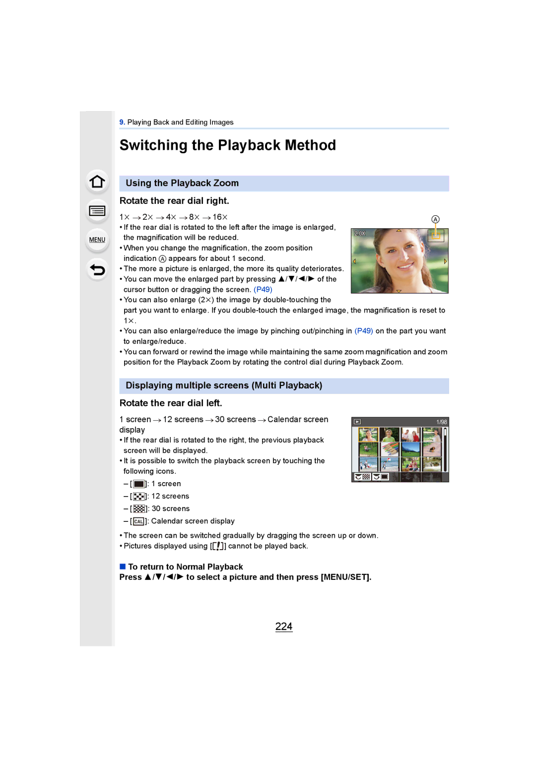 Panasonic DMCGH4KBODY, DMCGH4YAGH Switching the Playback Method, 224, Using the Playback Zoom Rotate the rear dial right 