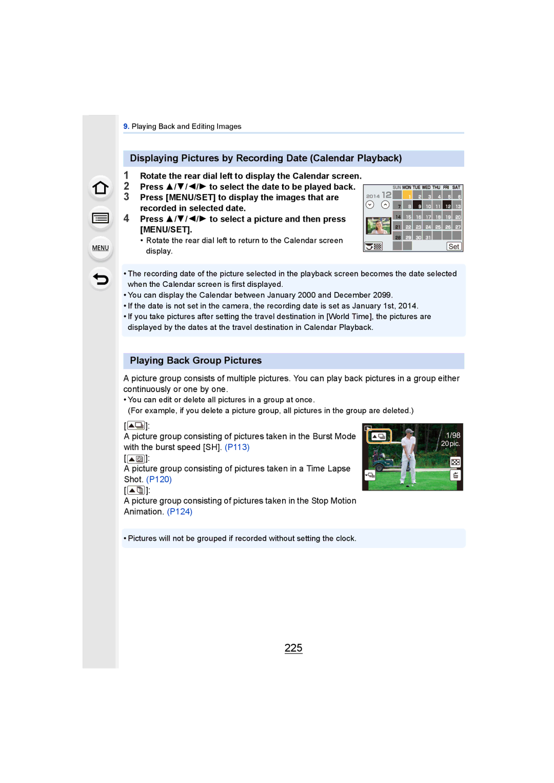 Panasonic DMCGH4YAGH owner manual 225, Displaying Pictures by Recording Date Calendar Playback, Playing Back Group Pictures 