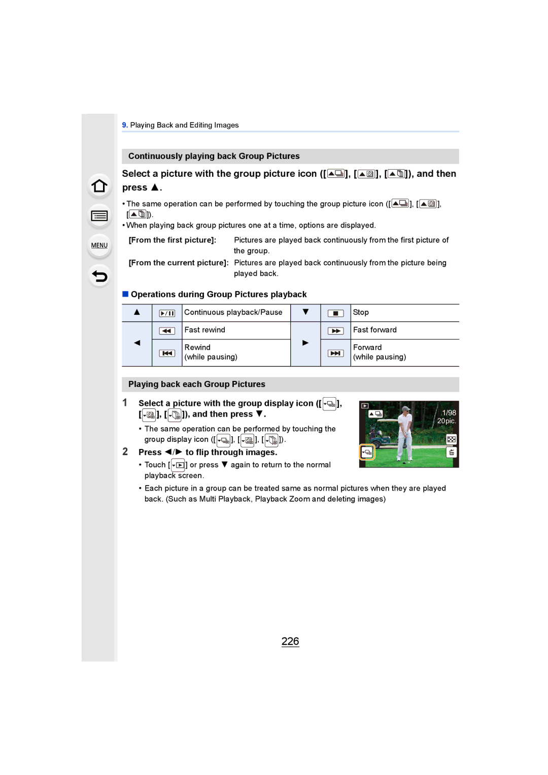 Panasonic DMCGH4KBODY, DMCGH4YAGH 226, Continuously playing back Group Pictures, Operations during Group Pictures playback 