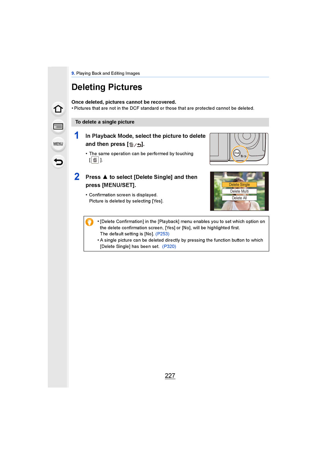 Panasonic DMCGH4YAGH, DMCGH4KBODY Deleting Pictures, 227, Playback Mode, select the picture to delete Then press 