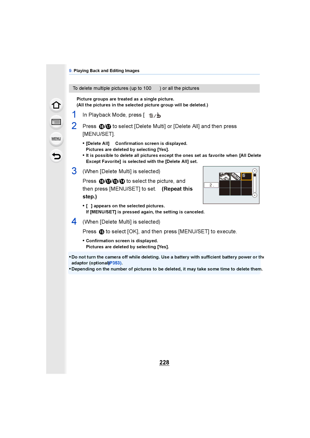 Panasonic DMCGH4KBODY, DMCGH4YAGH owner manual 228, To delete multiple pictures up to 100¢ or all the pictures 