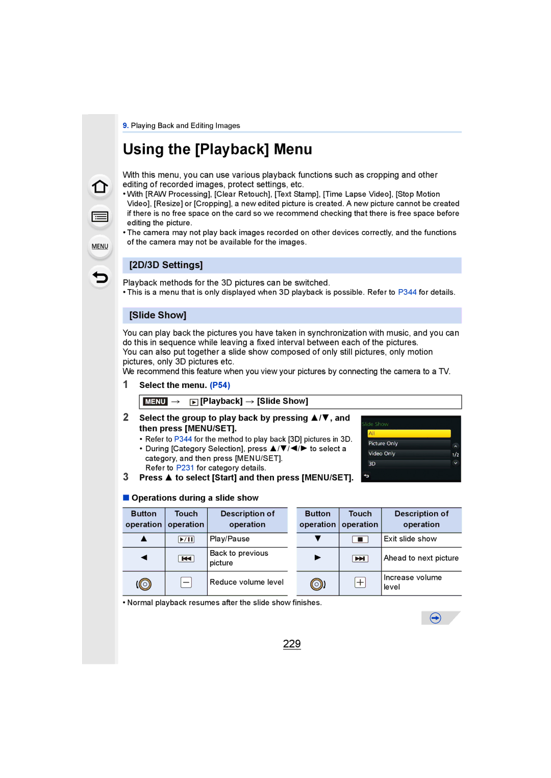 Panasonic DMCGH4YAGH, DMCGH4KBODY owner manual Using the Playback Menu, 229, 2D/3D Settings, Slide Show 