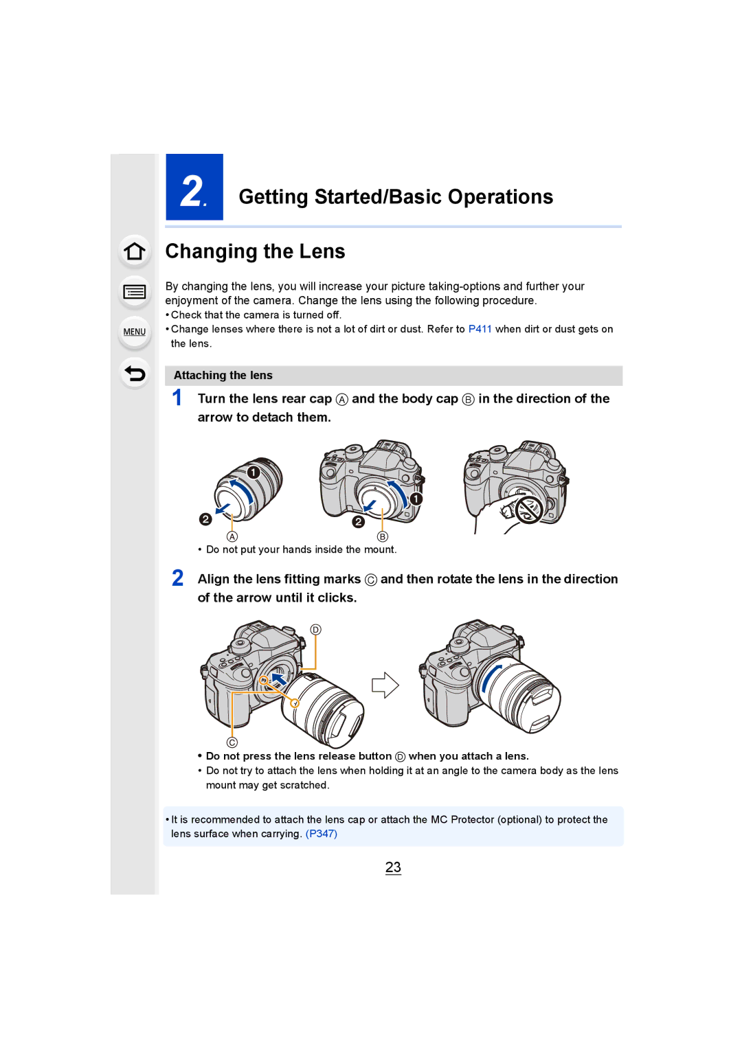 Panasonic DMCGH4YAGH, DMCGH4KBODY owner manual Getting Started/Basic Operations Changing the Lens, Attaching the lens 