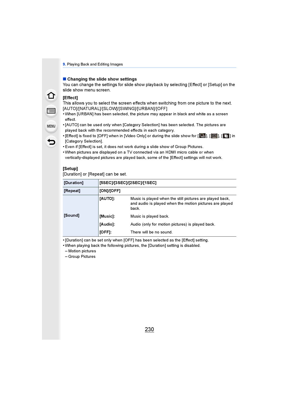 Panasonic DMCGH4KBODY, DMCGH4YAGH 230, Changing the slide show settings, Effect, Setup, Duration or Repeat can be set 