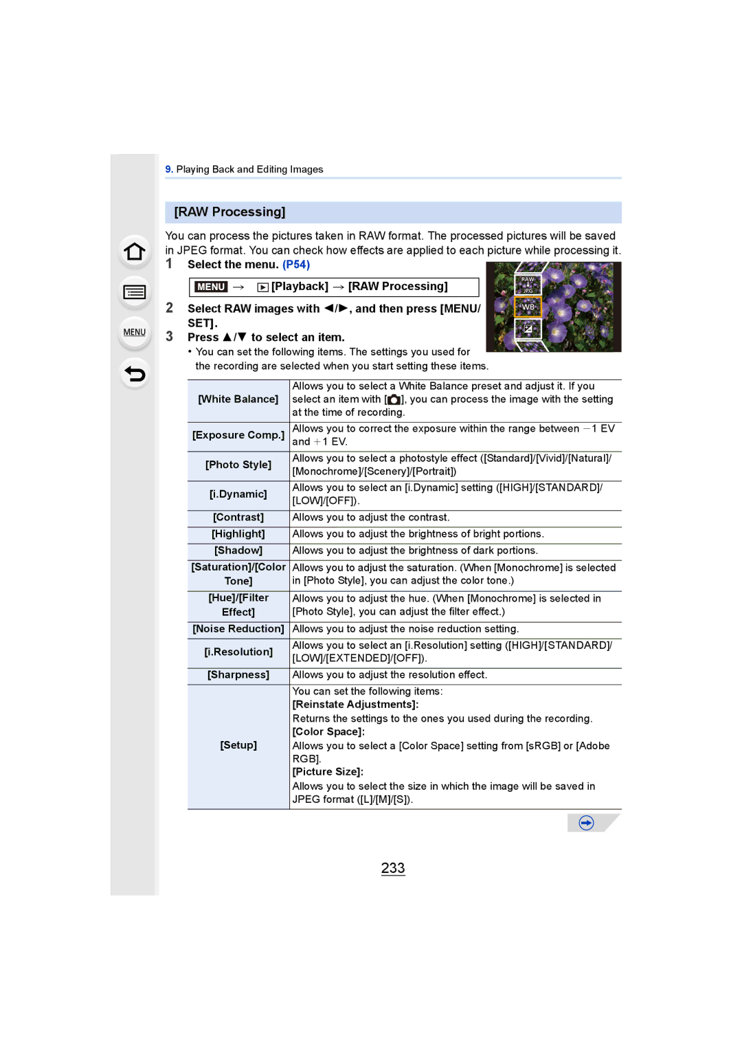 Panasonic DMCGH4YAGH, DMCGH4KBODY owner manual 233, RAW Processing, Press 3/4 to select an item 