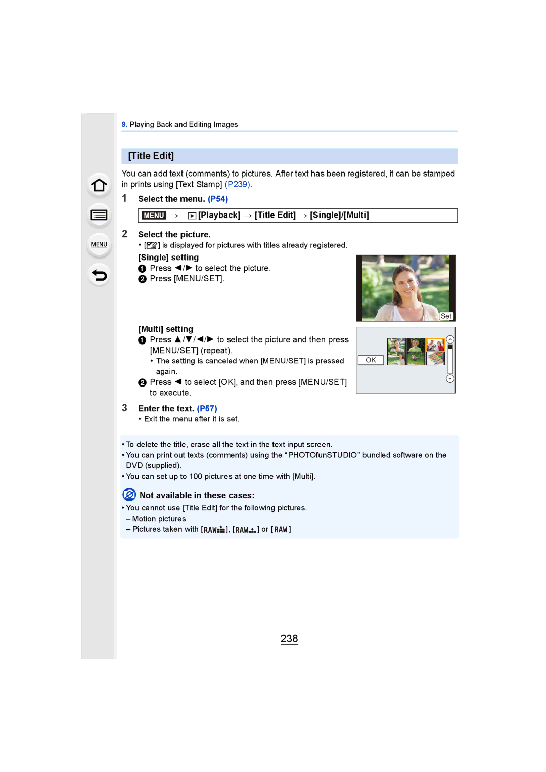 Panasonic DMCGH4KBODY, DMCGH4YAGH owner manual 238, Title Edit, Single setting, Multi setting, Enter the text. P57 
