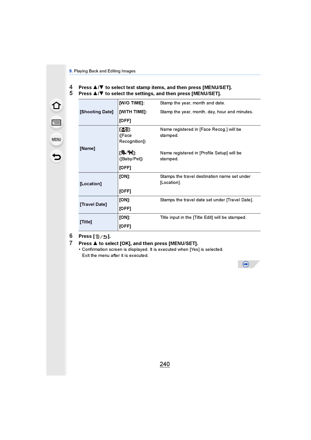 Panasonic DMCGH4KBODY, DMCGH4YAGH owner manual 240, Press Press 3 to select OK, and then press MENU/SET, With Time 