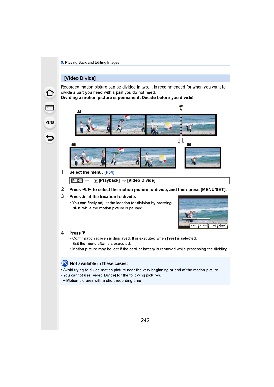 Panasonic DMCGH4KBODY, DMCGH4YAGH owner manual 242, Video Divide, Press 3 at the location to divide 