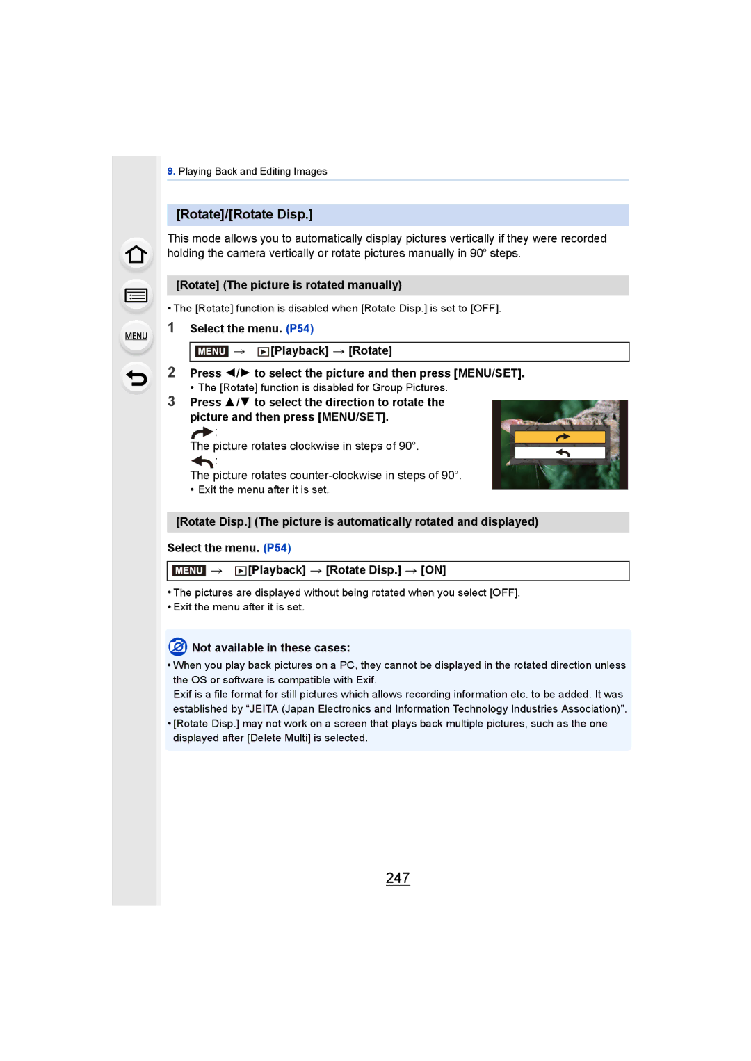 Panasonic DMCGH4YAGH, DMCGH4KBODY owner manual 247, Rotate/Rotate Disp, Rotate The picture is rotated manually 