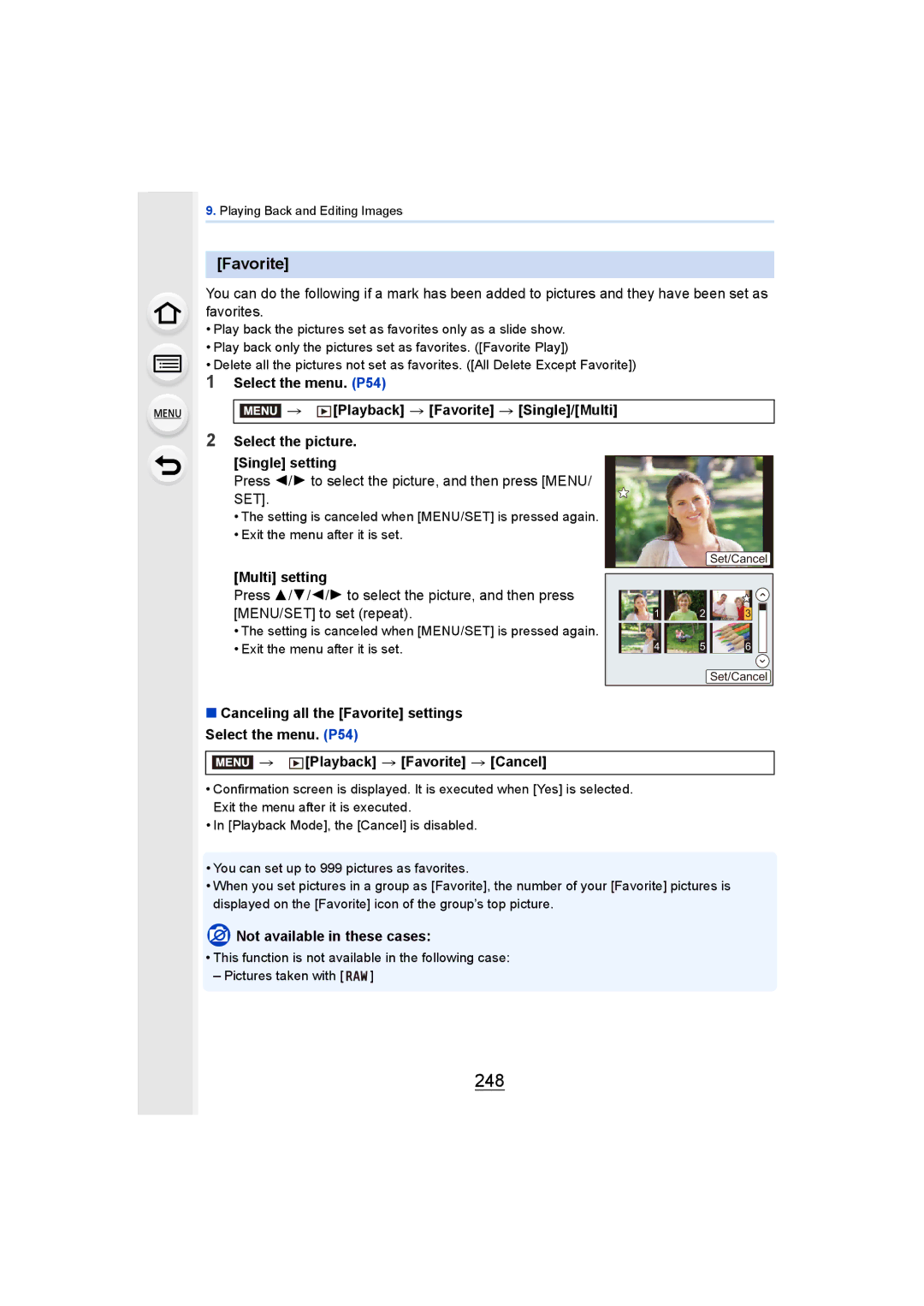 Panasonic DMCGH4KBODY, DMCGH4YAGH owner manual 248, Favorite, Press 2/1 to select the picture, and then press MENU/ SET 