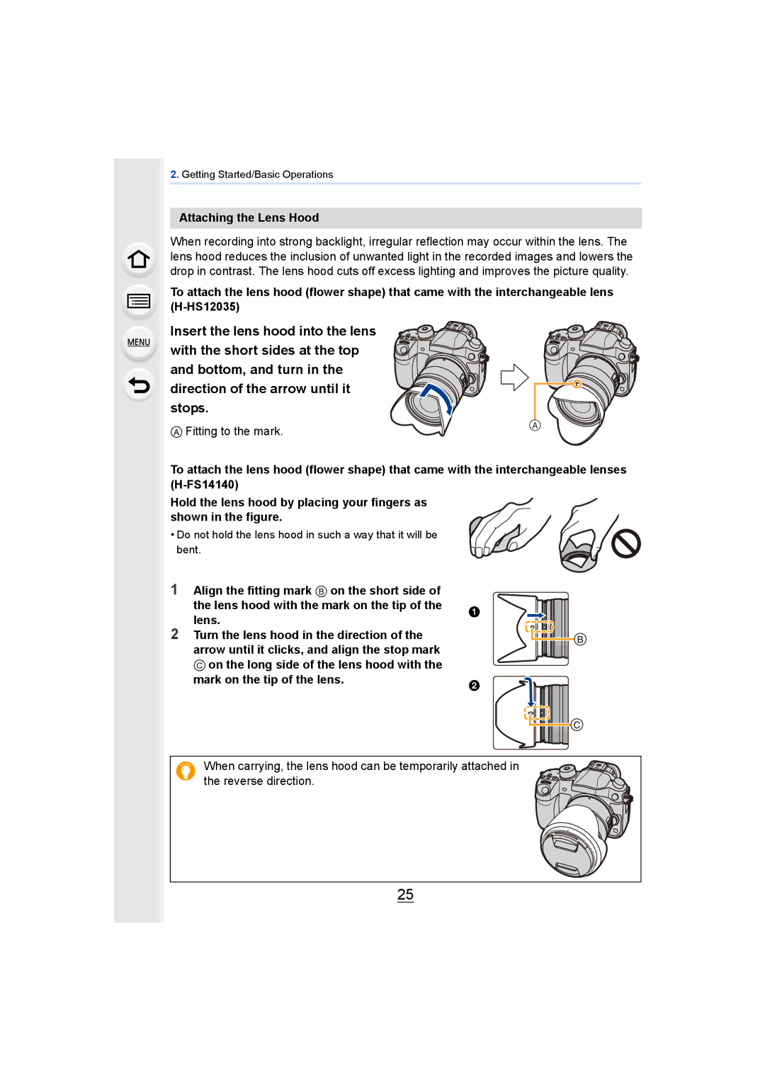 Panasonic DMCGH4YAGH, DMCGH4KBODY owner manual Attaching the Lens Hood 