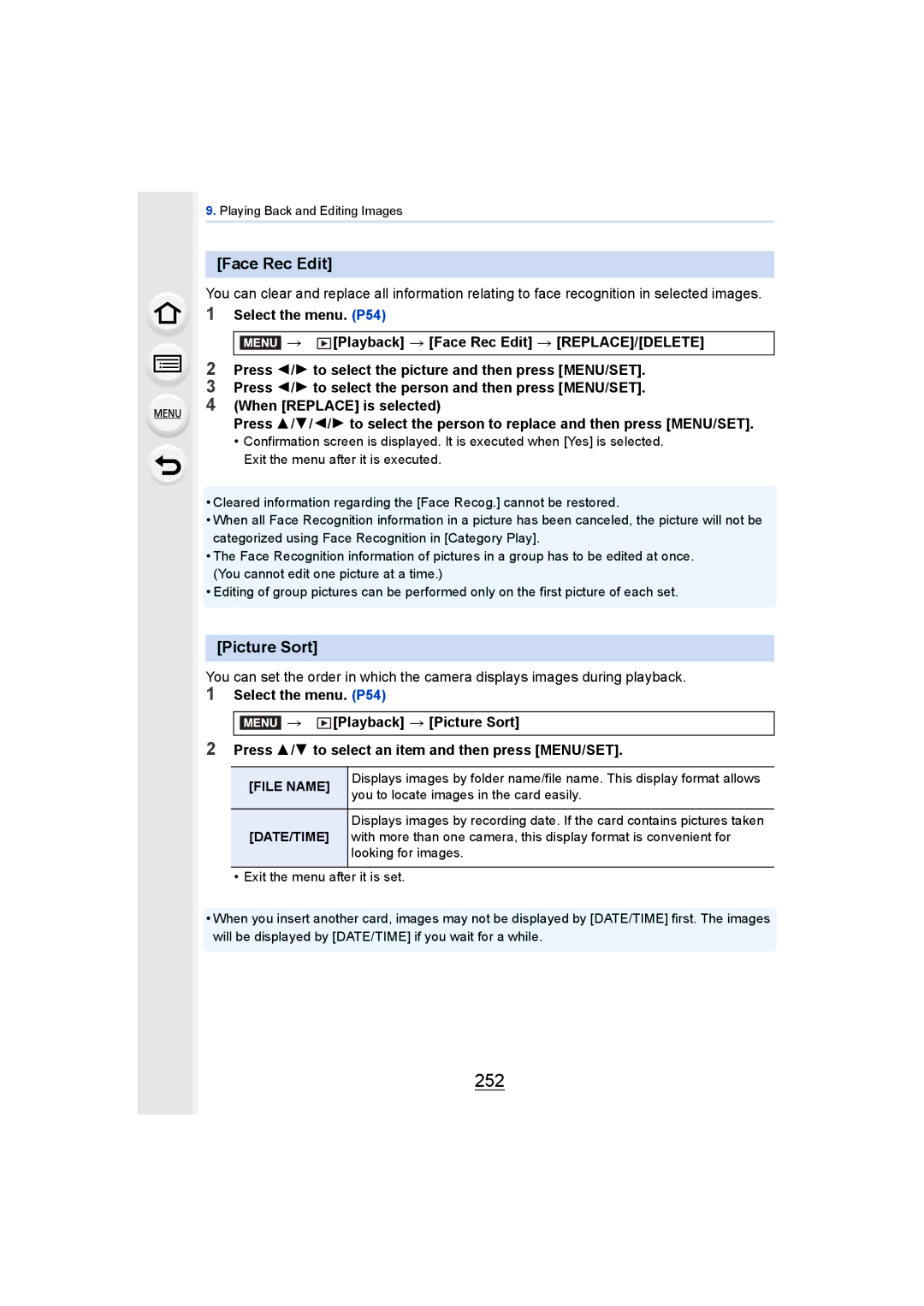 Panasonic DMCGH4KBODY, DMCGH4YAGH owner manual 252, Face Rec Edit, Picture Sort, File Name, Date/Time 