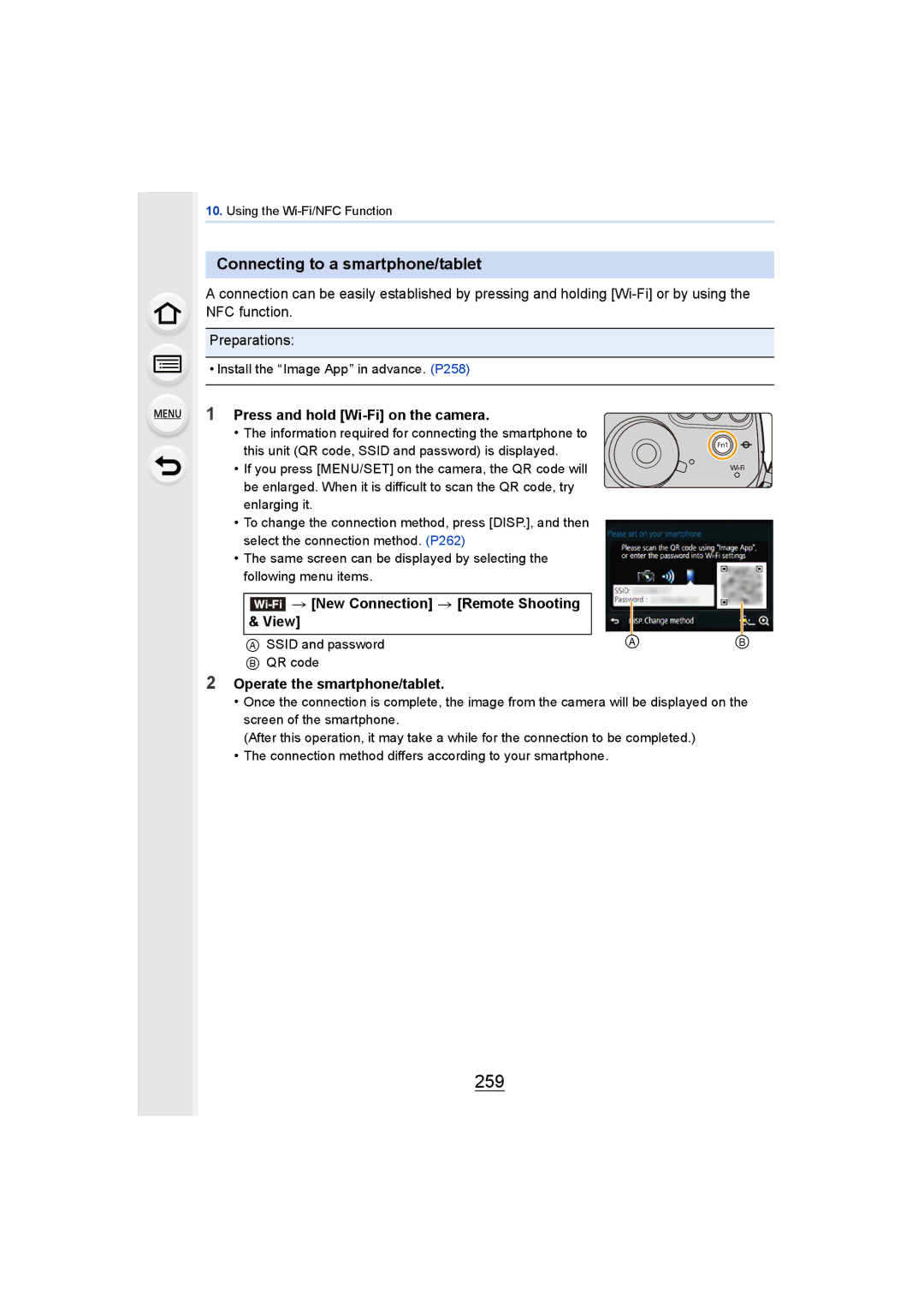 Panasonic DMCGH4YAGH, DMCGH4KBODY owner manual 259, Connecting to a smartphone/tablet, Press and hold Wi-Fi on the camera 