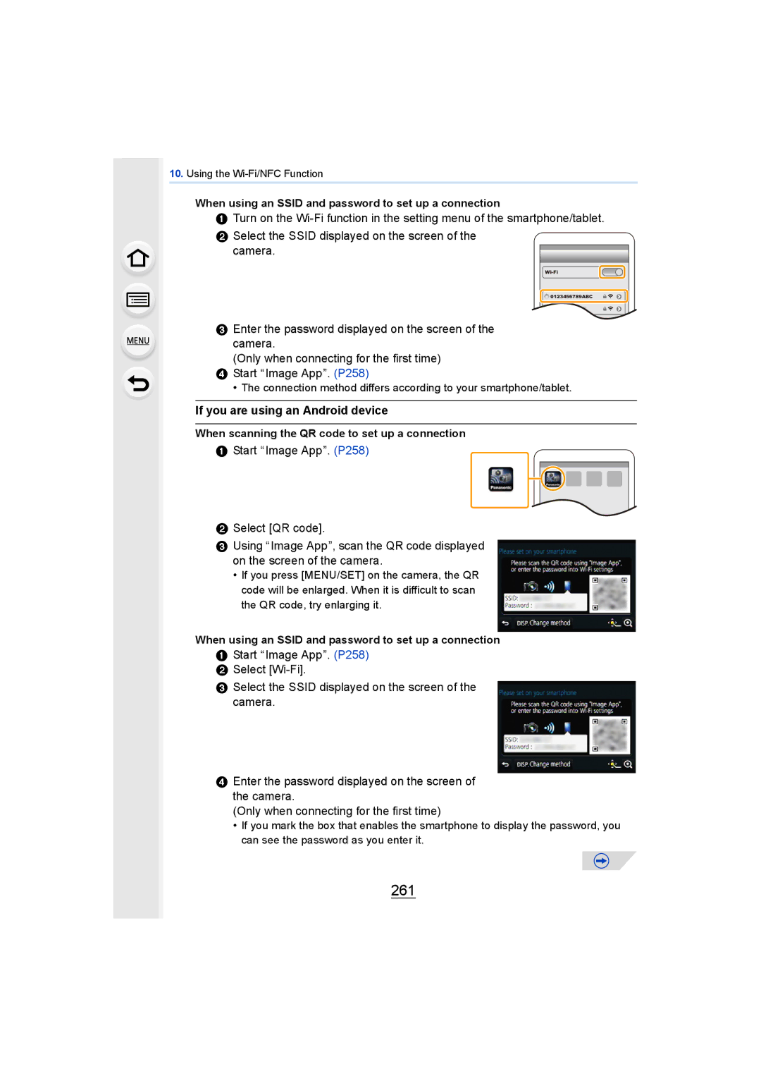 Panasonic DMCGH4YAGH 261, If you are using an Android device, When using an Ssid and password to set up a connection 