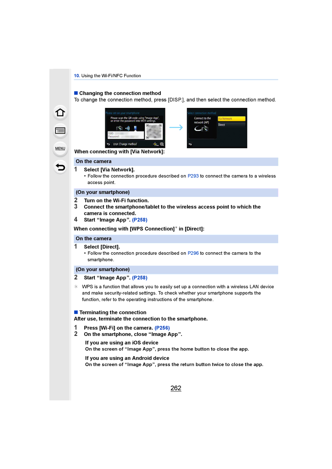 Panasonic DMCGH4KBODY, DMCGH4YAGH owner manual 262, Changing the connection method, On your smartphone Start Image App. P258 