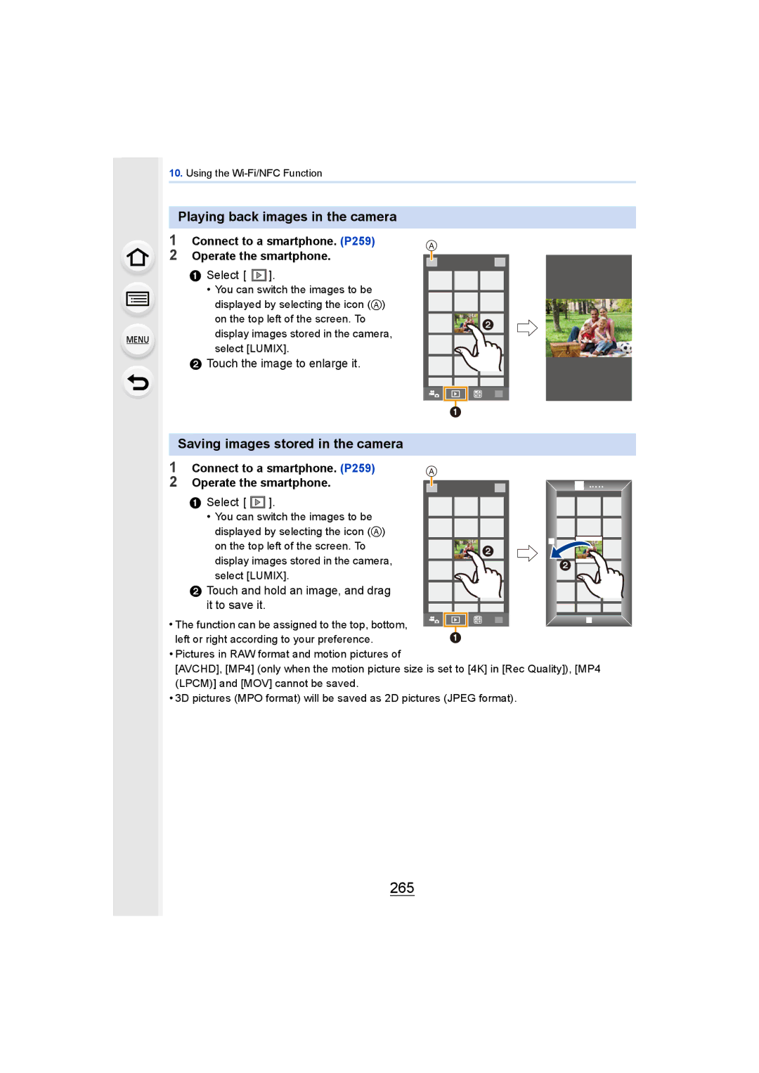 Panasonic DMCGH4YAGH, DMCGH4KBODY owner manual 265, Playing back images in the camera, Saving images stored in the camera 