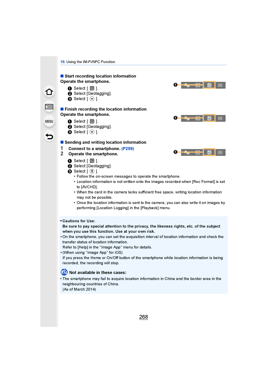 Panasonic DMCGH4KBODY, DMCGH4YAGH owner manual 268, Start recording location information, Select Select Geotagging 