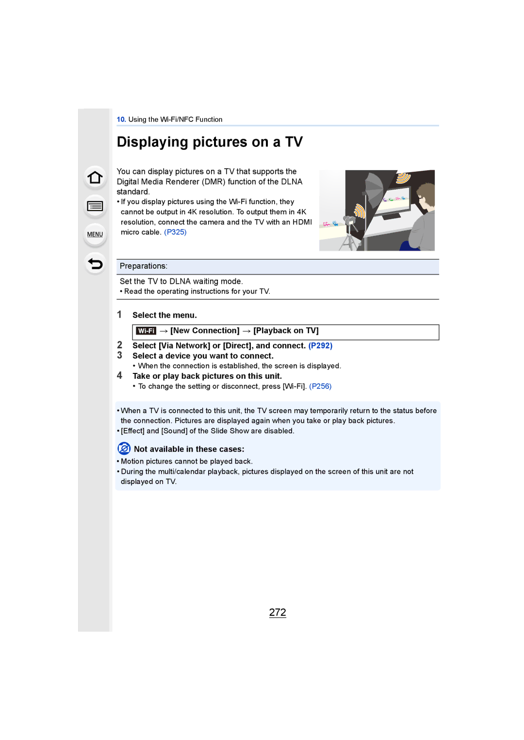 Panasonic DMCGH4KBODY, DMCGH4YAGH Displaying pictures on a TV, 272, Preparations Set the TV to Dlna waiting mode 